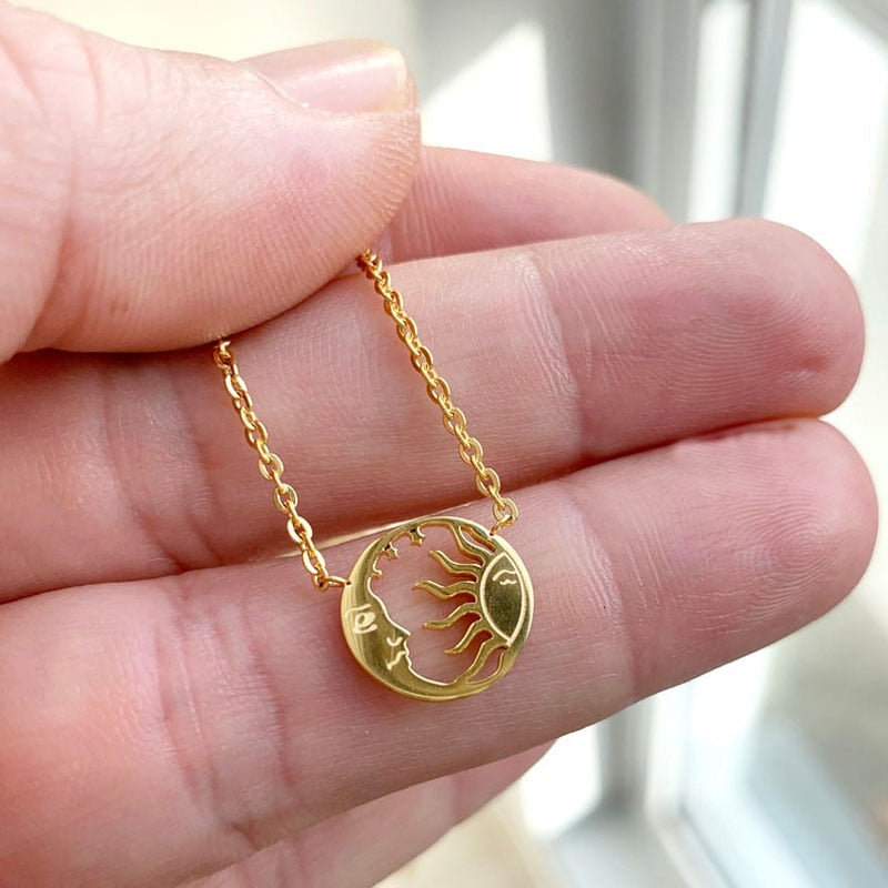 Moon and Sun Face Pendant Necklace